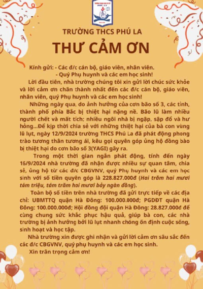 Thư cảm ơn của trường THCS Phú La v/v quyên góp, ủng hộ đồng bào bị ảnh hưởng cơn bão số 3 (Yagi)